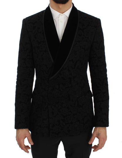 Schwarze geblümte Ricamo Slim Blazer Jacke
