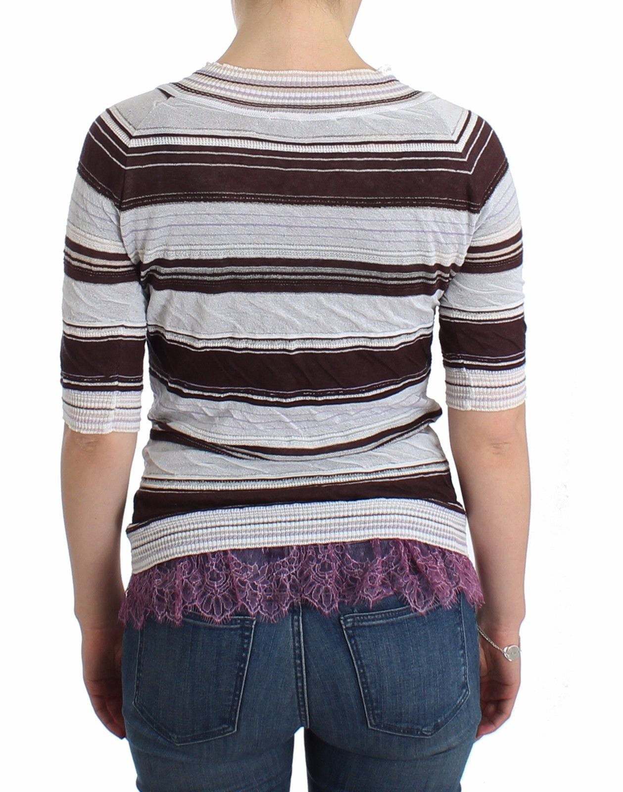 Gestreiftes Spitzen-Top mit V-Ausschnitt und kurzen Ärmeln Pullover