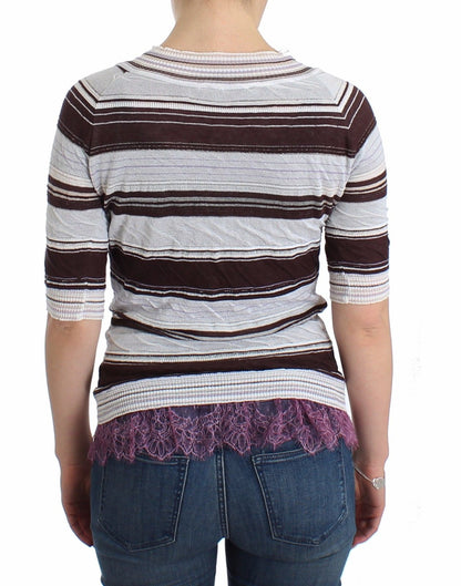 Gestreiftes Spitzen-Top mit V-Ausschnitt und kurzen Ärmeln Pullover