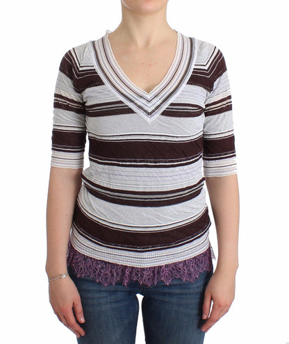 Gestreiftes Spitzen-Top mit V-Ausschnitt und kurzen Ärmeln Pullover