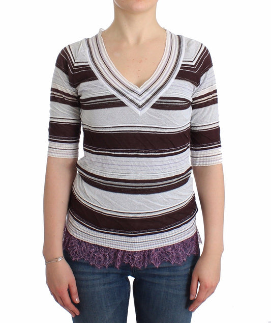 Gestreiftes Spitzen-Top mit V-Ausschnitt und kurzen Ärmeln Pullover