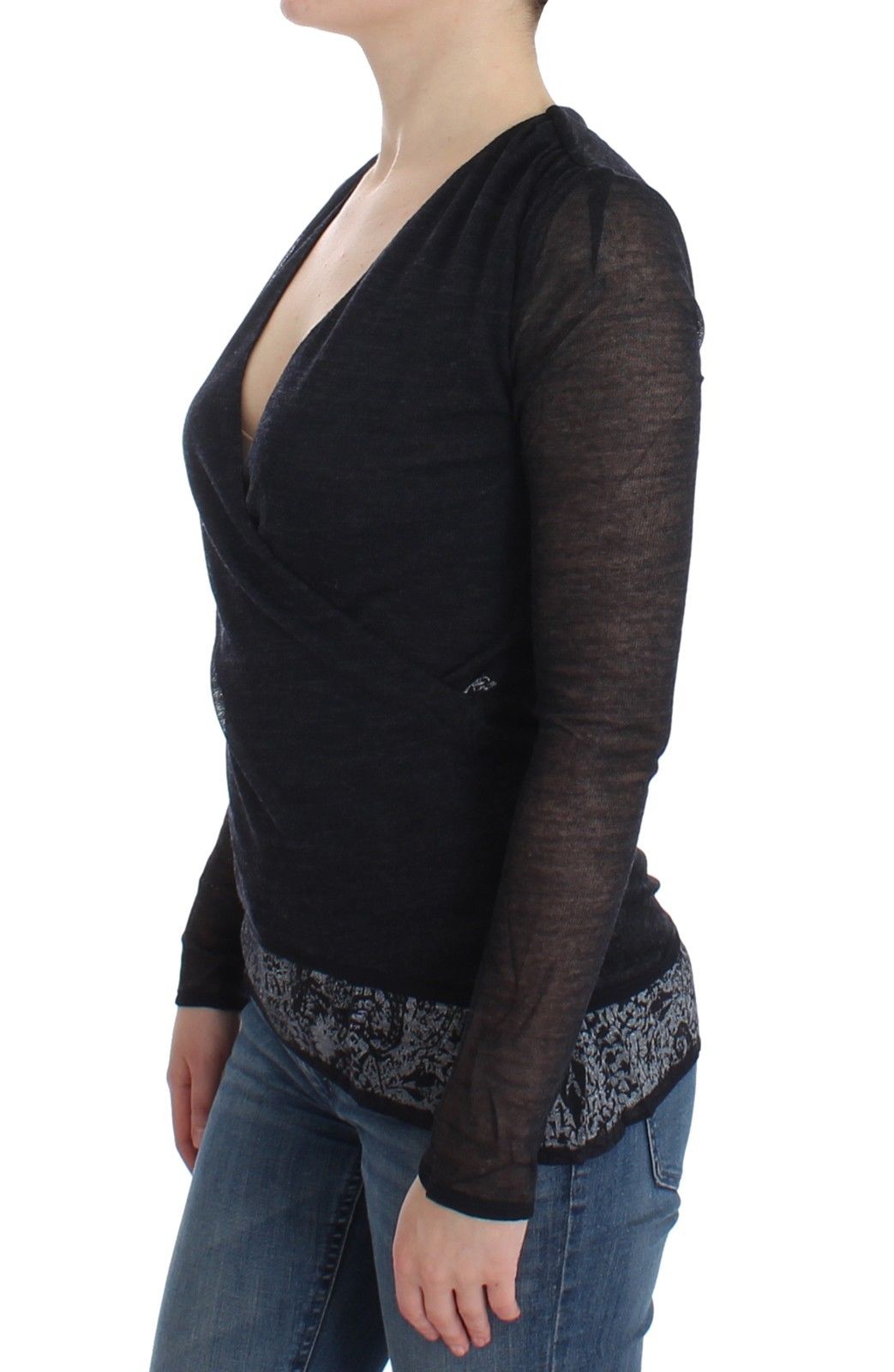 Schwarzer Wollmischung Stretch-Langarmpullover