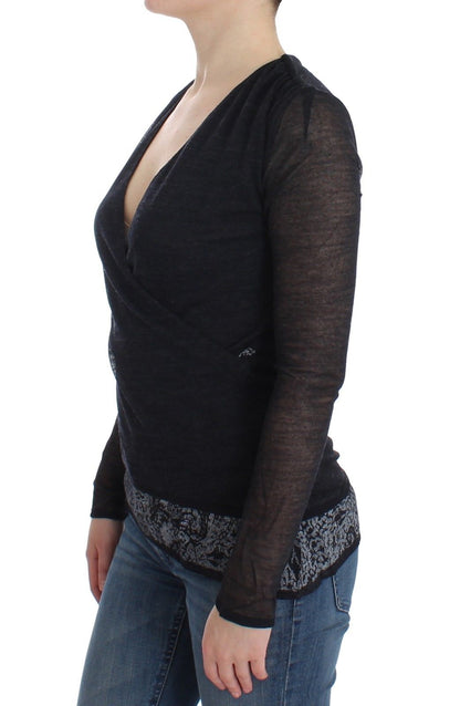 Schwarzer Wollmischung Stretch-Langarmpullover