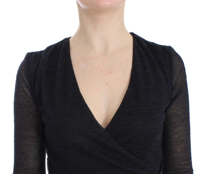 Schwarzer Wollmischung Stretch-Langarmpullover