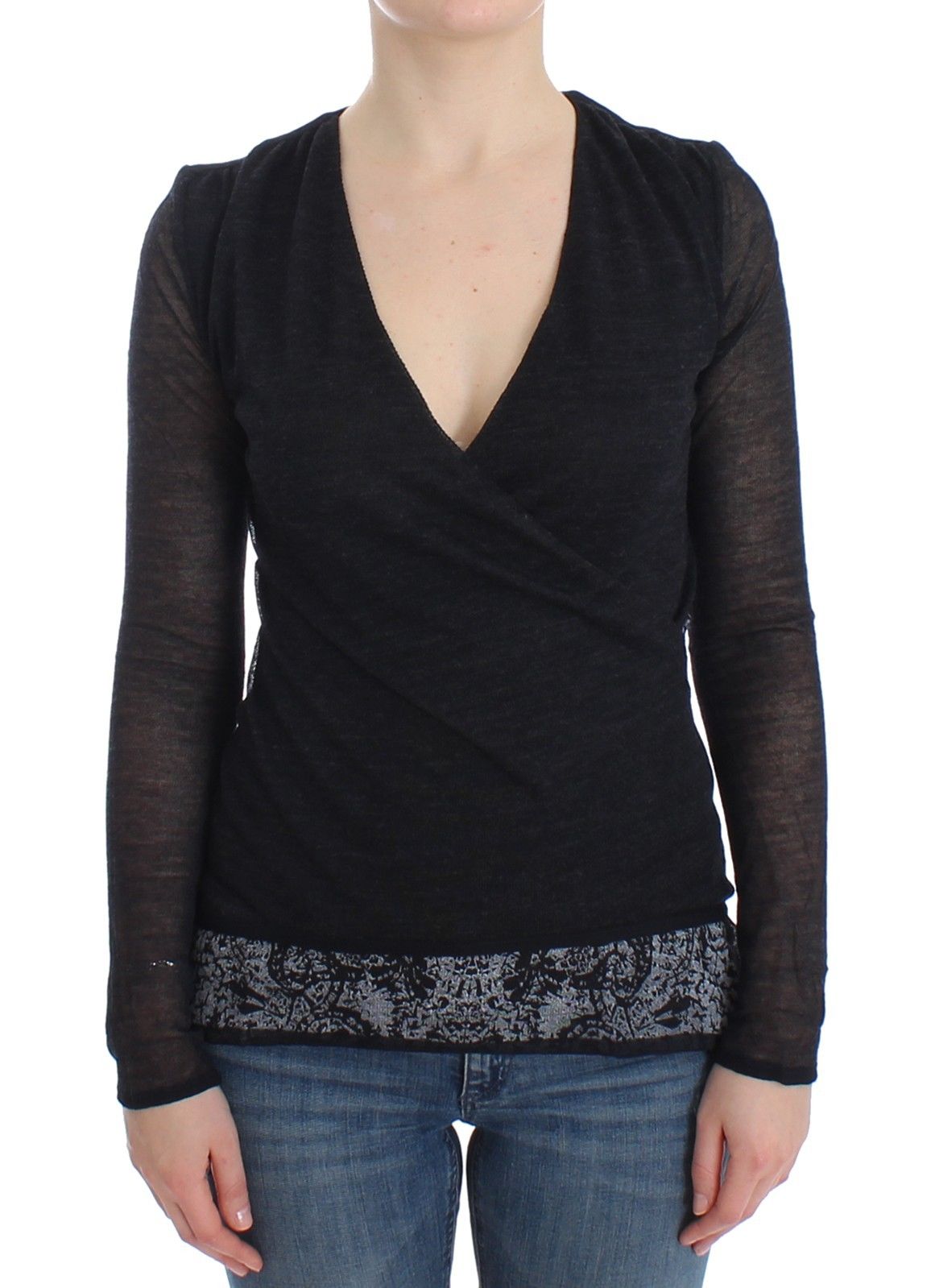Schwarzer Wollmischung Stretch-Langarmpullover
