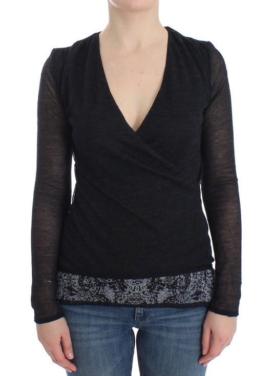 Schwarzer Wollmischung Stretch-Langarmpullover