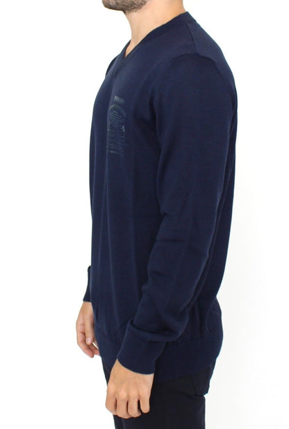 Blauer Pullover mit V-Ausschnitt aus einer Wollmischung