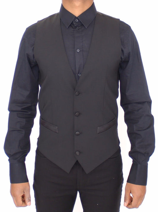 Schwarzes Wolle-Seide-Stretch-Kleid Weste Blazer
