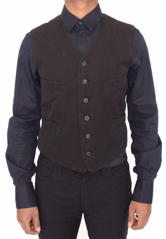 Schwarzes Flachs-Baumwollkleid Weste Blazer