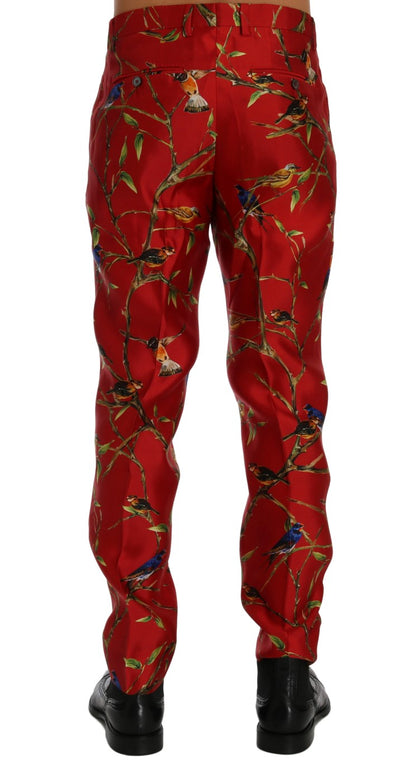 Rotes Seidenkleid mit Vogeldruck Hose