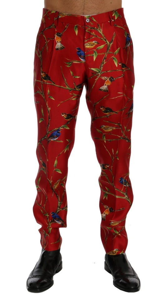 Rotes Seidenkleid mit Vogeldruck Hose