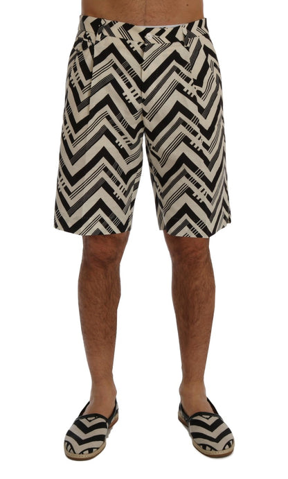 Weiß-schwarz gestreifte Baumwoll-Leinen-Shorts