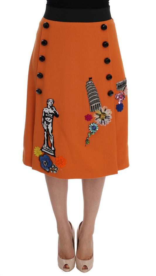 Orangefarbener Wollrock mit Kristall-Pailletten-Applikationen