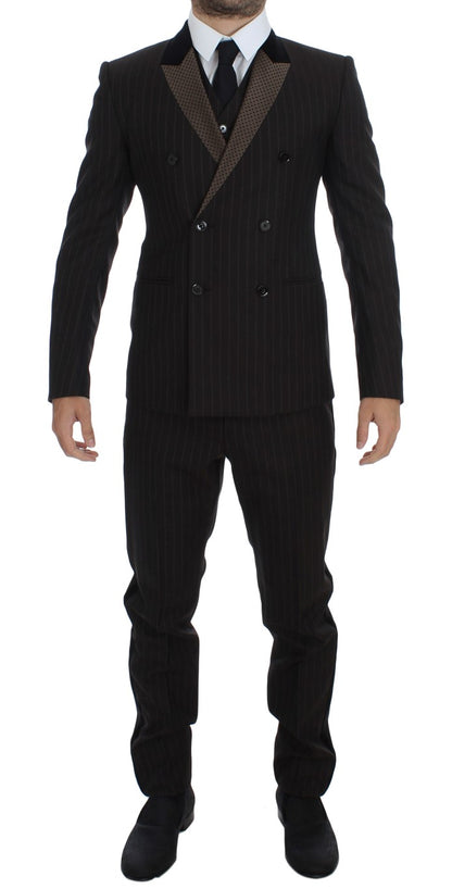 Braun gestreift Wolle Slim 3 Stück Anzug Tuxedo