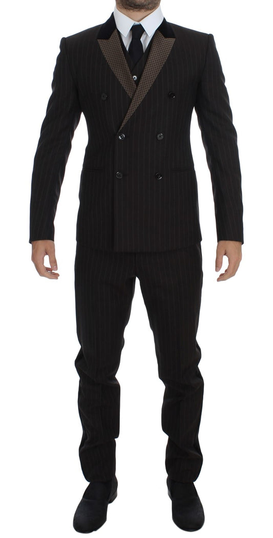 Braun gestreift Wolle Slim 3 Stück Anzug Tuxedo