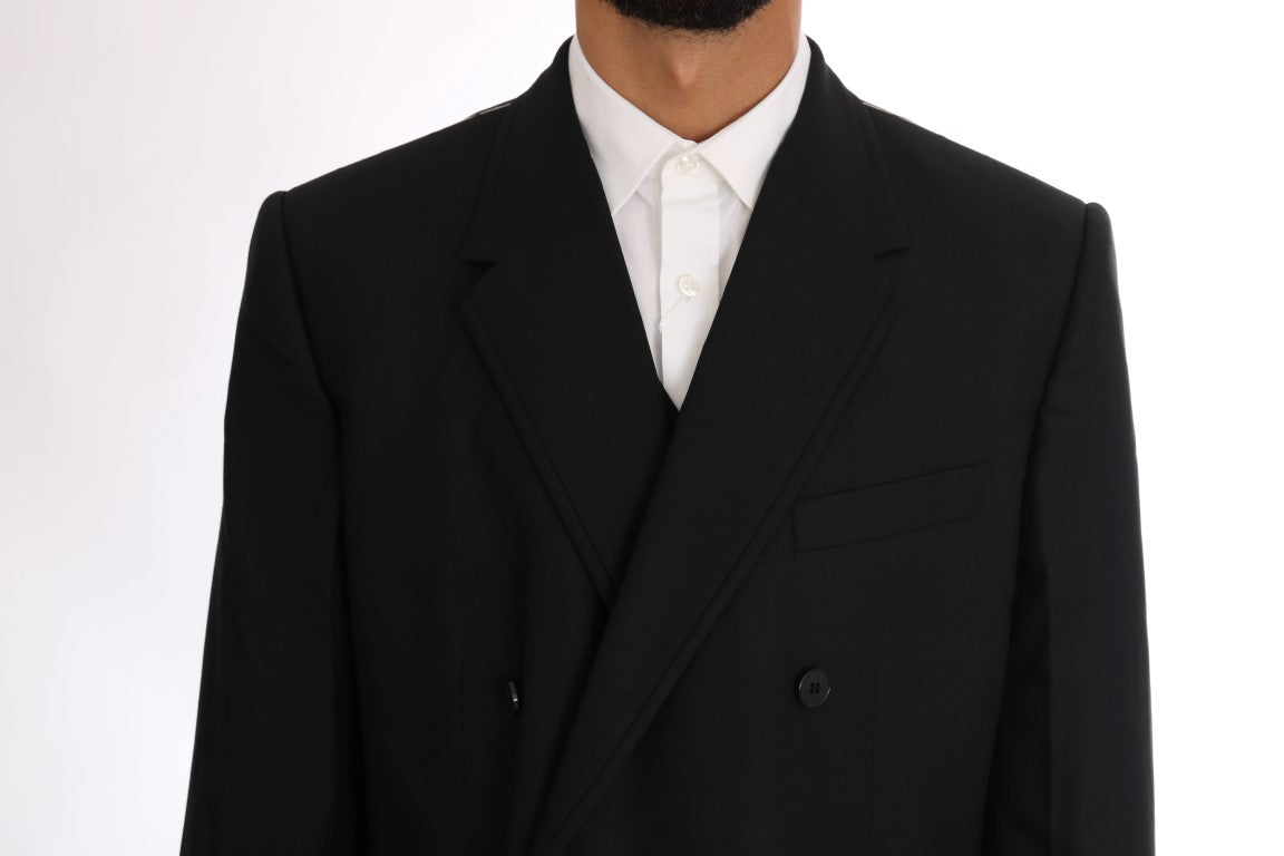 Schwarzer doppelreihiger Slim Fit Anzug aus Wolle