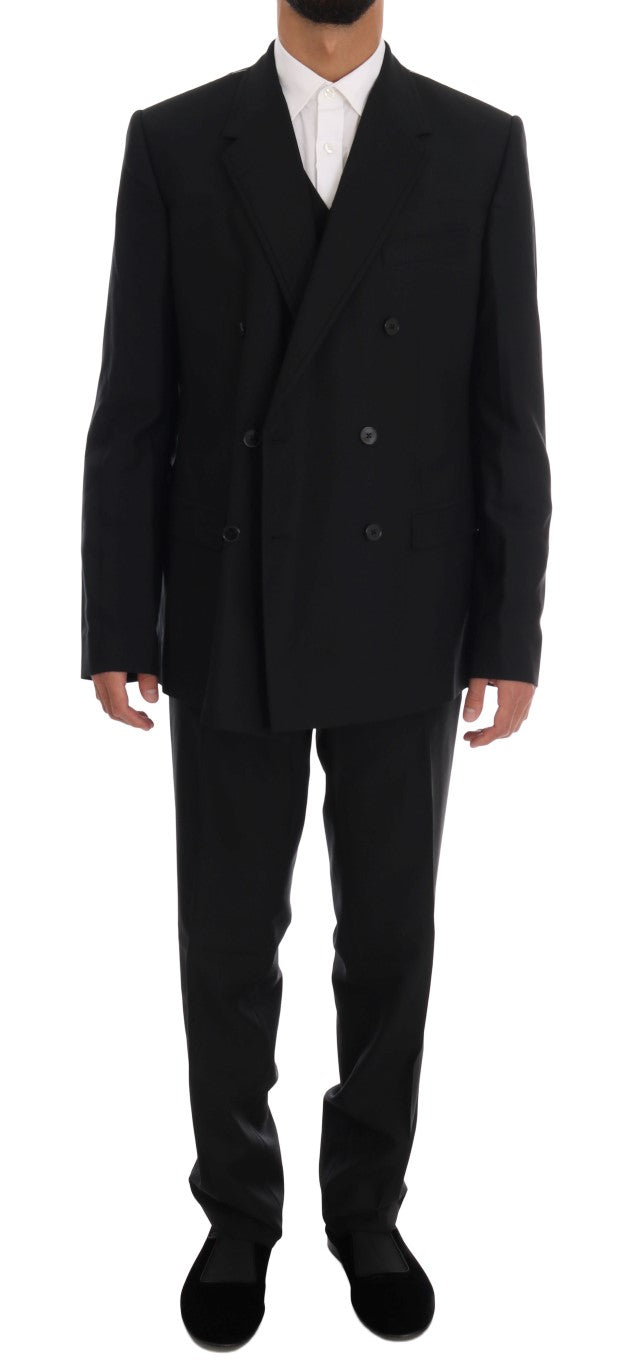 Schwarzer doppelreihiger Slim Fit Anzug aus Wolle