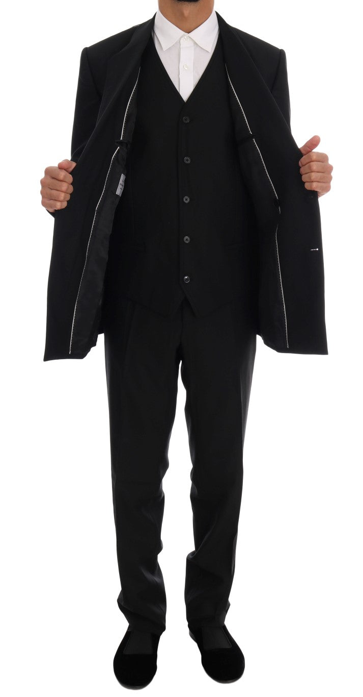 Schwarzer doppelreihiger Slim Fit Anzug aus Wolle