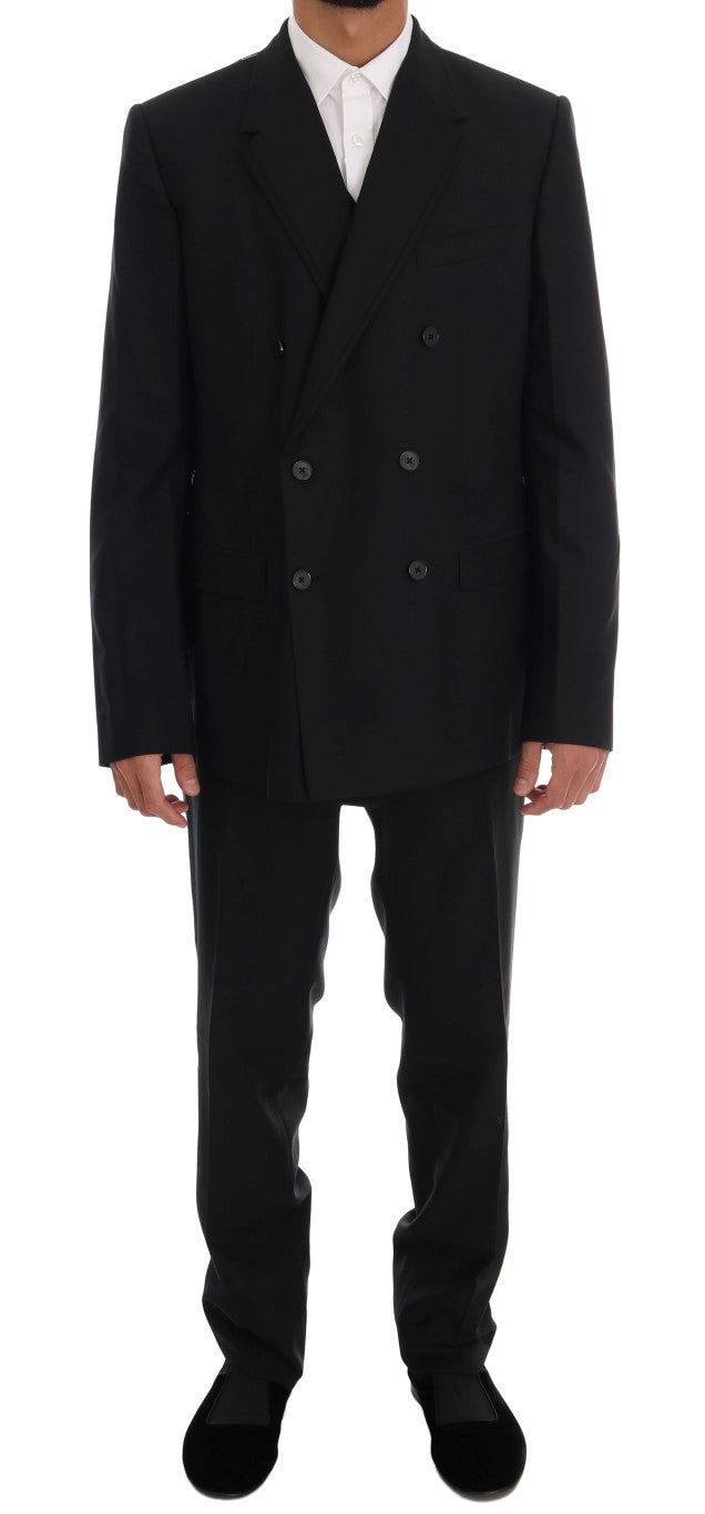 Schwarzer doppelreihiger Slim Fit Anzug aus Wolle