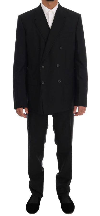 Schwarzer doppelreihiger Slim Fit Anzug aus Wolle