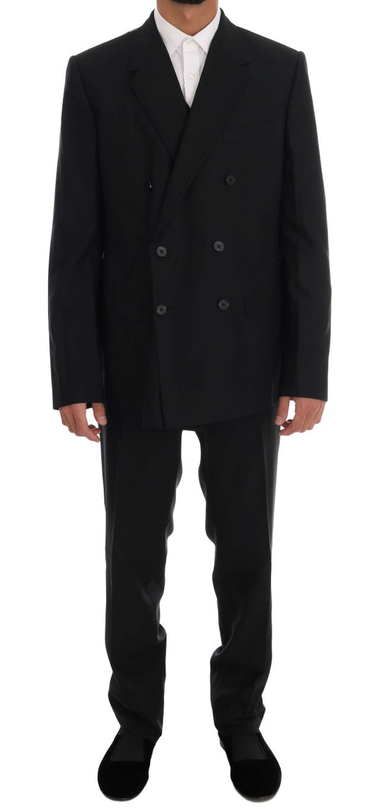 Schwarzer doppelreihiger Slim Fit Anzug aus Wolle