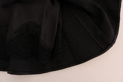 Schwarzer A-Linien-Rock aus geblümter Jacquard-Seide