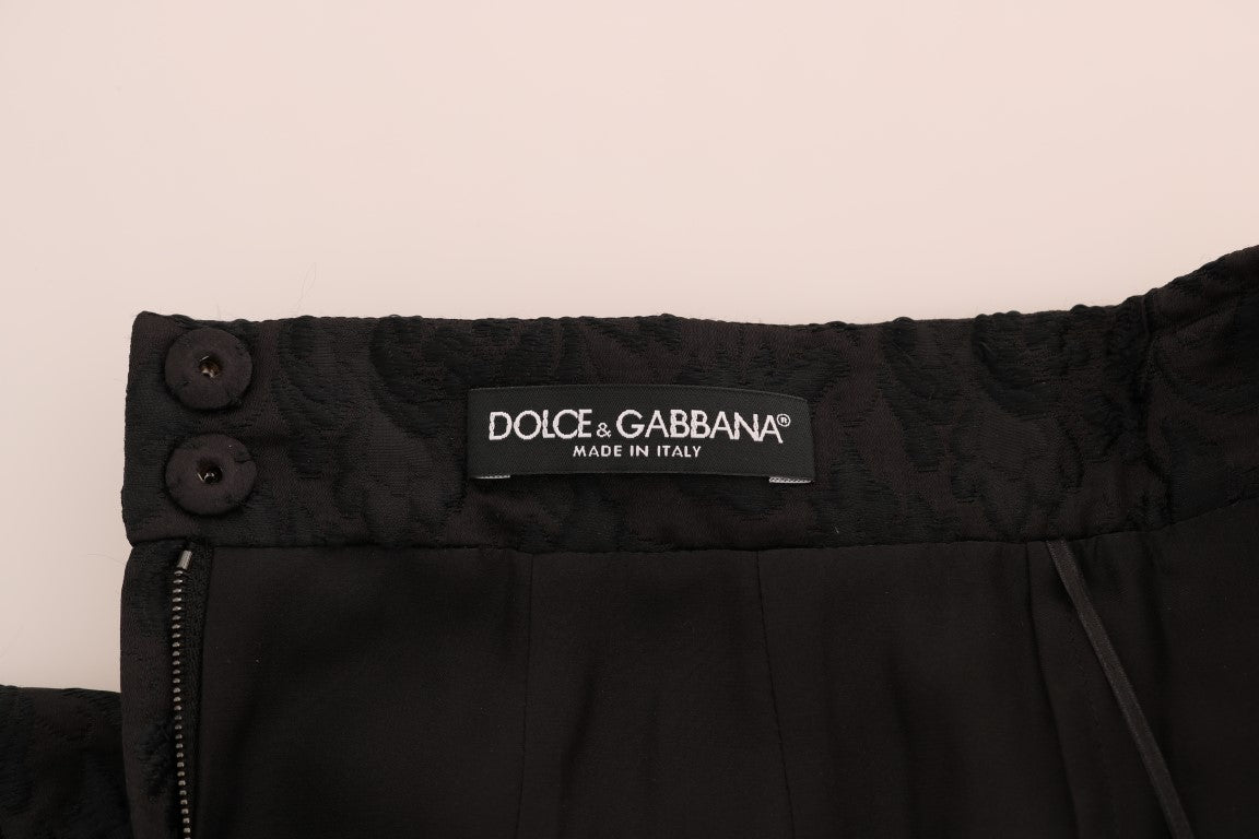 Schwarzer A-Linien-Rock aus geblümter Jacquard-Seide