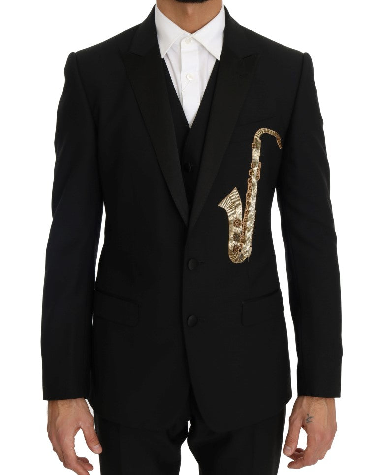 Schwarzer Wolle Seide Saxophon Slim Fit Anzug