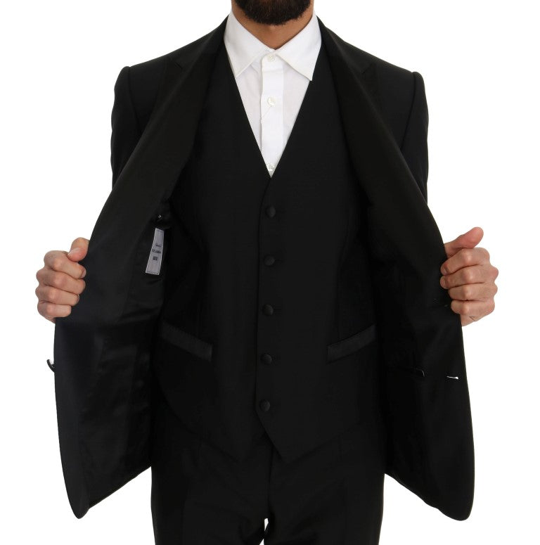 Schwarzer Wolle Seide Saxophon Slim Fit Anzug
