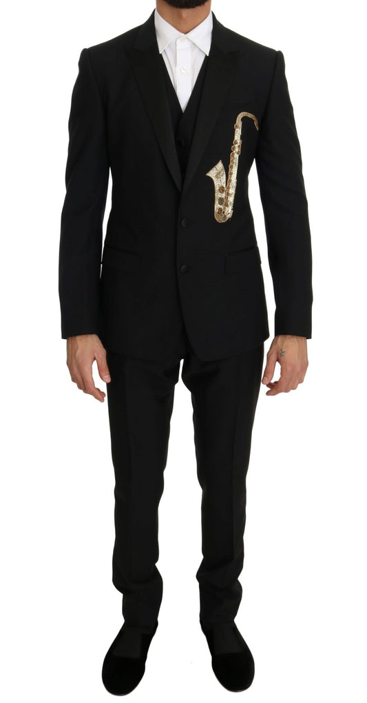 Schwarzer Wolle Seide Saxophon Slim Fit Anzug