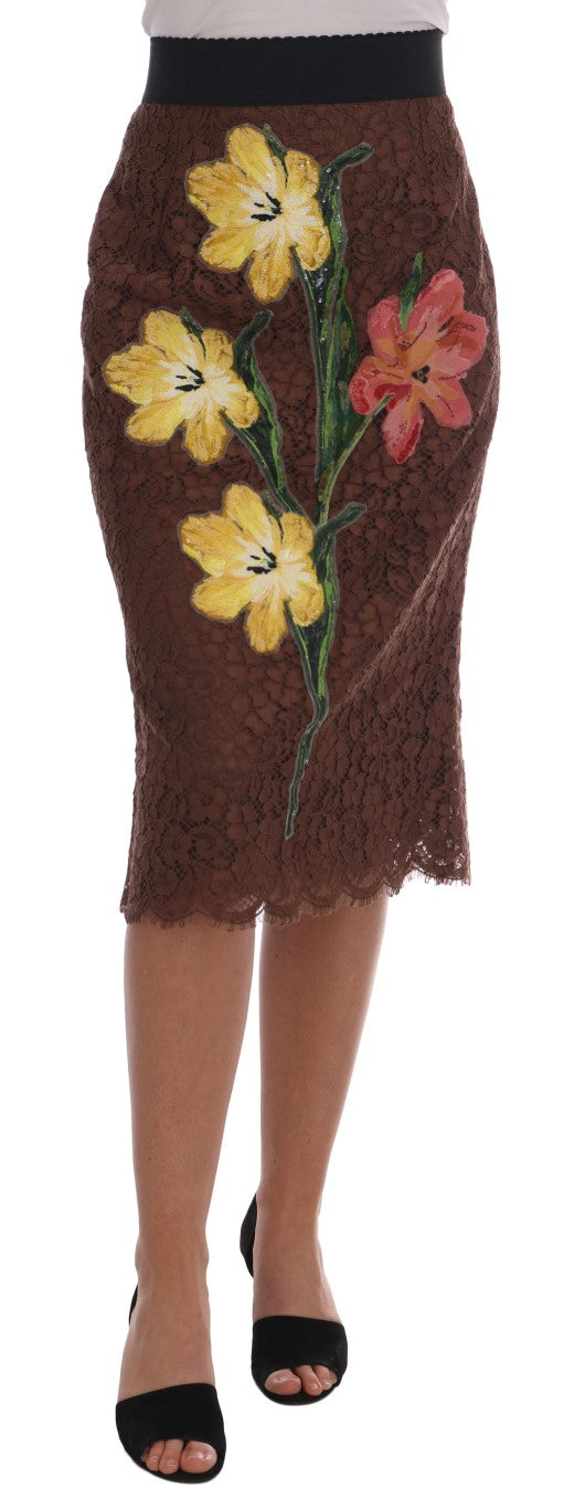 Brauner Bleistiftrock mit floraler Spitze