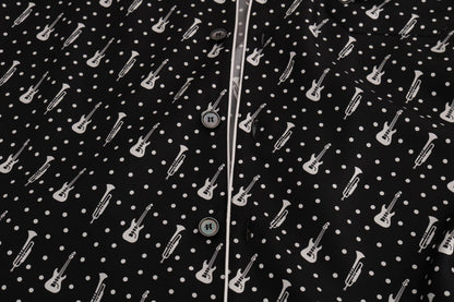 Schwarz Seide Weiß JAZZ Print Freizeithemd