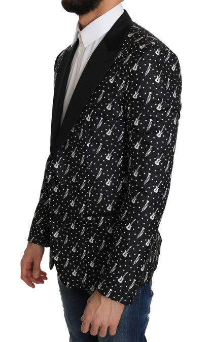 Schwarze Seiden-Jazzgitarren-Blazer-Jacke