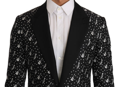 Schwarze Seiden-Jazzgitarren-Blazer-Jacke