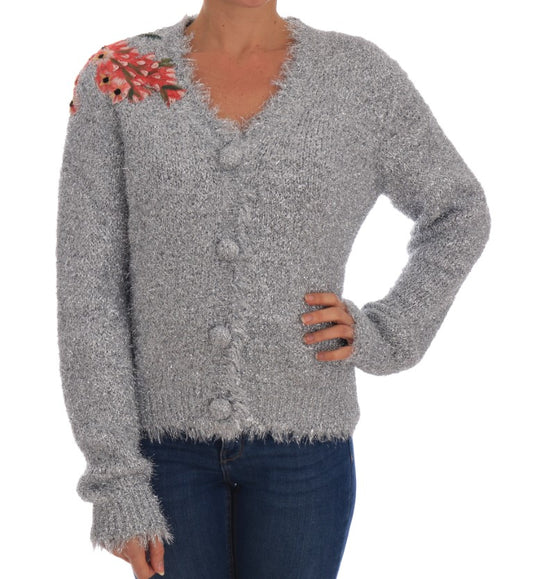 Silberne Strickjacke mit Blumenapplikation Pullover