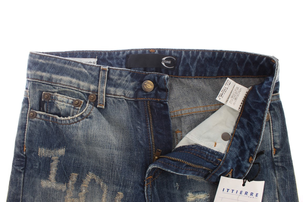 Blaue Waschung Zerrissene Baumwolle Straight Fit Jeans