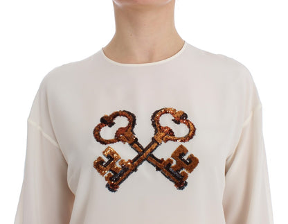 Weiße Pailletten-Schlüssel-Seidenbluse T-shirt Top