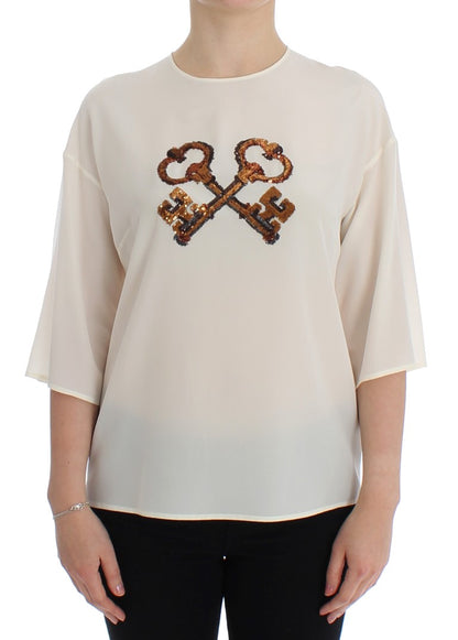 Weiße Pailletten-Schlüssel-Seidenbluse T-shirt Top