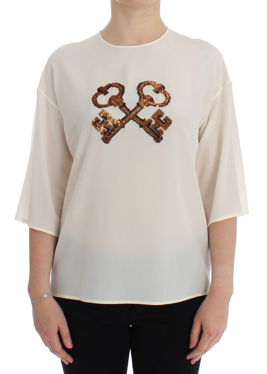 Weiße Pailletten-Schlüssel-Seidenbluse T-shirt Top