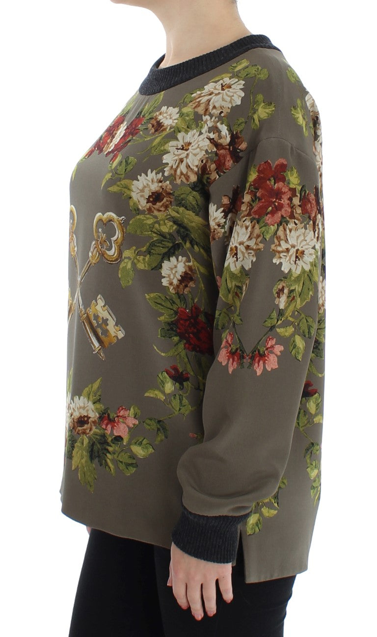 Grüner Schlüssel Seidenpullover mit Blumendruck