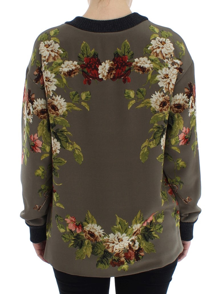 Grüner Schlüssel Seidenpullover mit Blumendruck