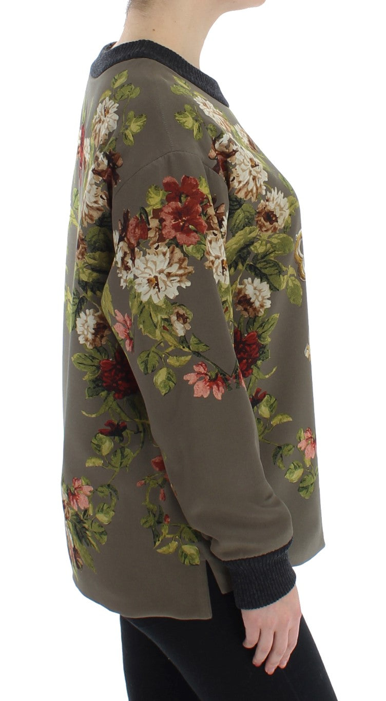 Grüner Schlüssel Seidenpullover mit Blumendruck