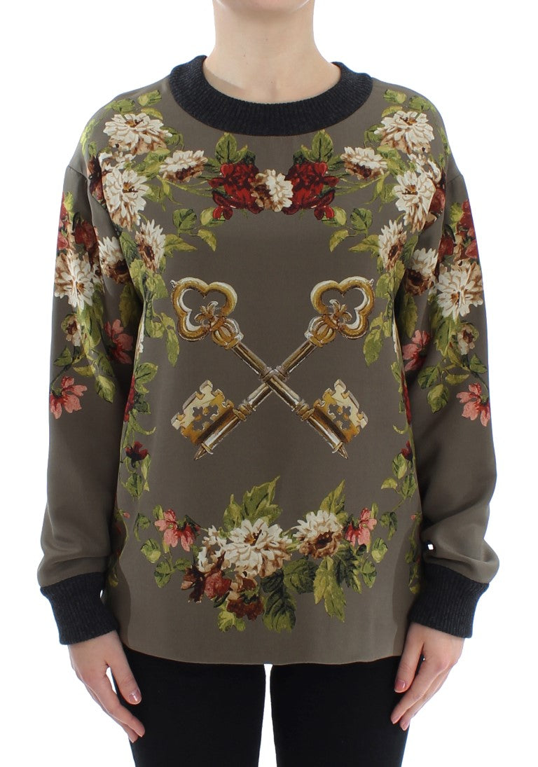 Grüner Schlüssel Seidenpullover mit Blumendruck