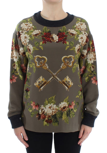 Grüner Schlüssel Seidenpullover mit Blumendruck