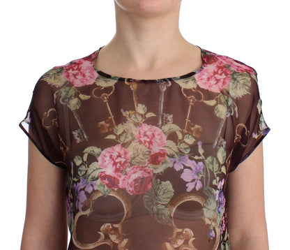 Schwarzes Schlüssel-T-Shirt mit Blumendruck und Seidenbluse