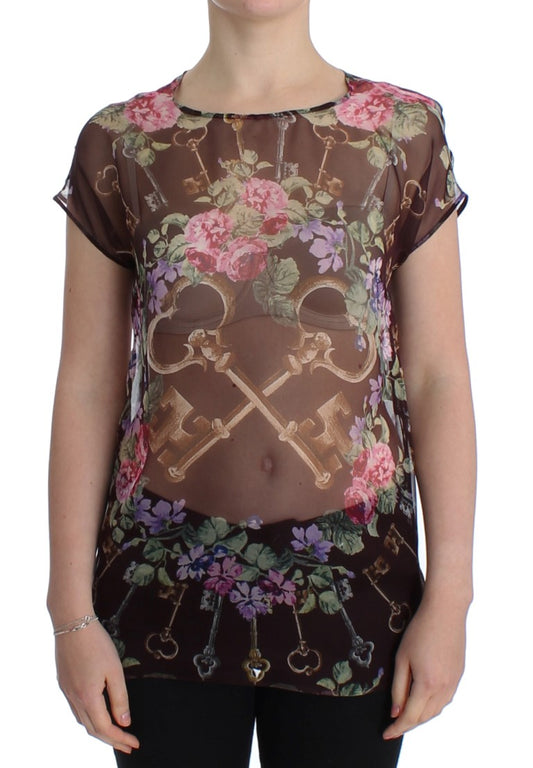 Schwarzes Schlüssel-T-Shirt mit Blumendruck und Seidenbluse