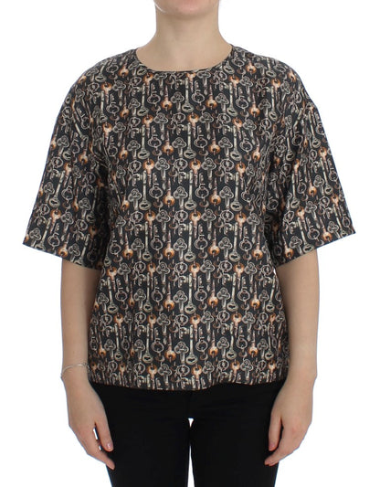Graue Seidenbluse mit Goldschlüssel-Druck T-shirt