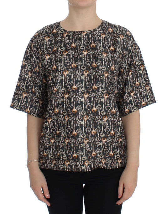 Graue Seidenbluse mit Goldschlüssel-Druck T-shirt