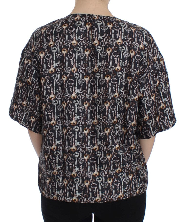Graue Seidenbluse mit Goldschlüssel-Druck T-shirt