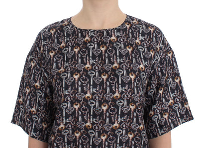Graue Seidenbluse mit Goldschlüssel-Druck T-shirt